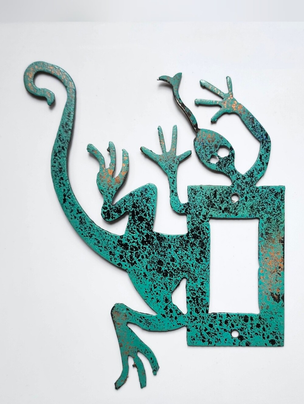 Set Of Two Metal Verdigris Turquoise Copper Finish Lizard Single Switch Plates